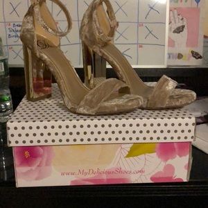 Nude velvet strappy heels